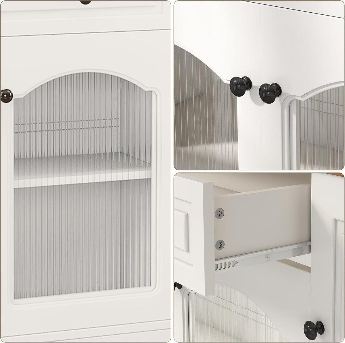 Kitchen Pantry Cabinet with Drawer Storage, 48” Modern Farmhosue Kitchen Hutch with Glass Doors, White Storage Cabinet with Countertop and Adjustable Shelves for Dining Room, Living Room