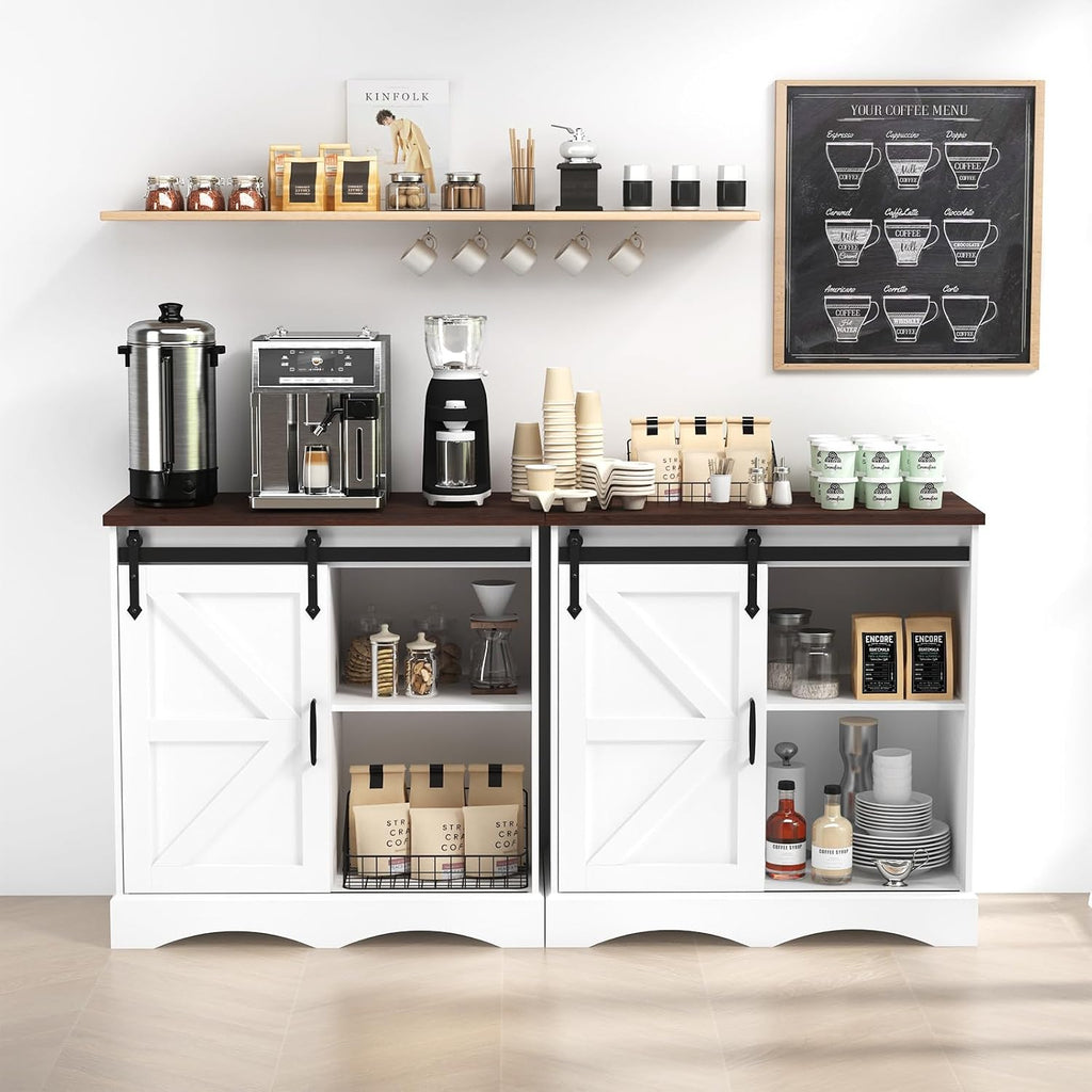 HOMFAMILIA 31.5" H Farmhouse Coffee Bar Cabinet w/Storage, White Kitchen Coffee Station with Sliding Barn Door, Rustic Buffet Cabinet with Adjustable Shelves, for Kitchen, Living Room, White