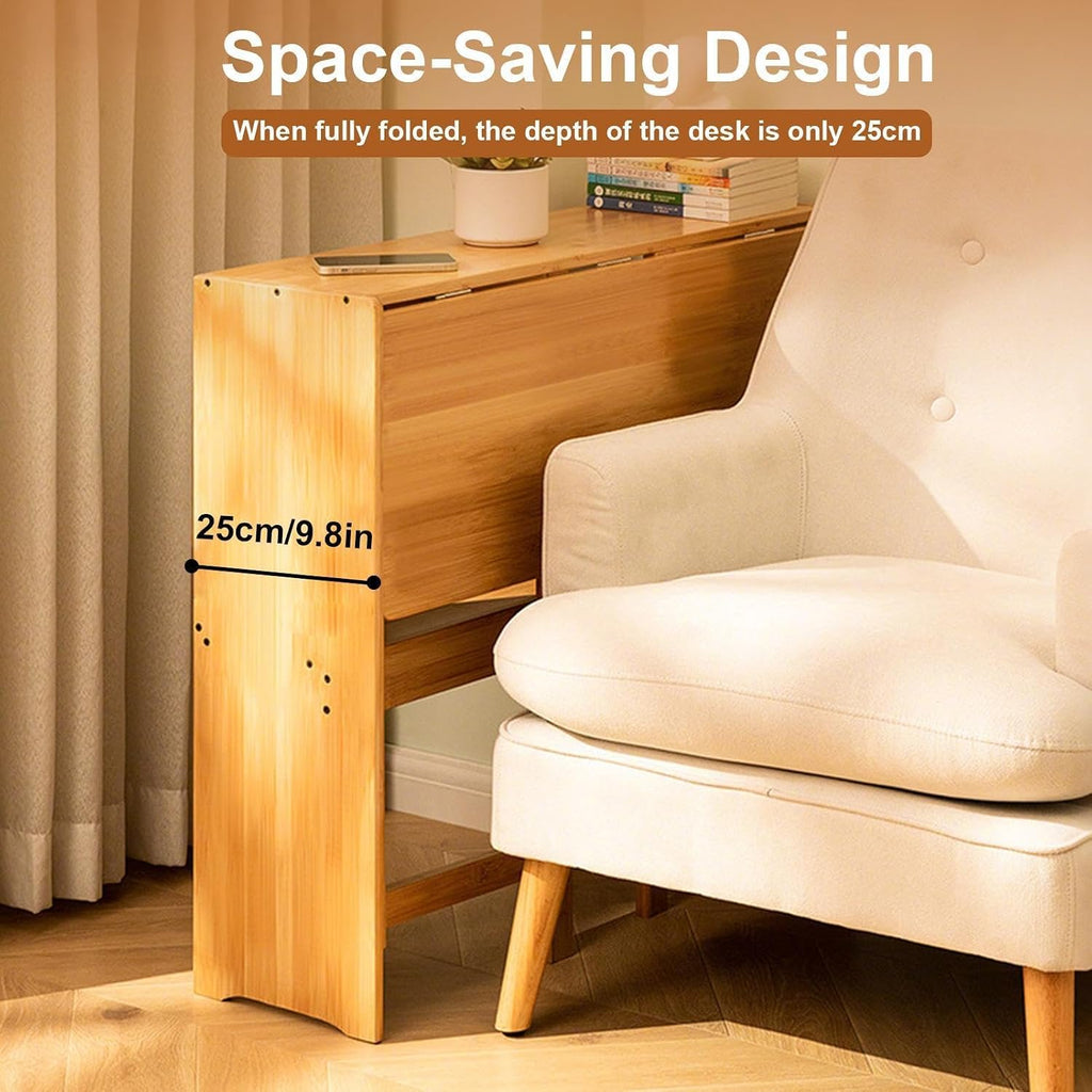 41'' Bamboo Folding Desk with Bookshelf, Space-Saving Foldable Computer Desk, Mid Century Modern Style Foldable Study Table for Home, Office, Bedroom, Small Spaces, Brown