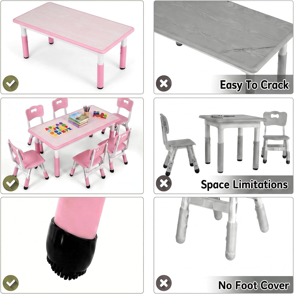 Arlopu Kids Table and 4 Chairs, Height Adjustable Toddler Desk & Chair Set, Anti-Slip Legs, Graffiti Desktop, Children Large Multi-Activity Table with 47.2" x 23.6", Classroom, Homes, Daycares (Pink)