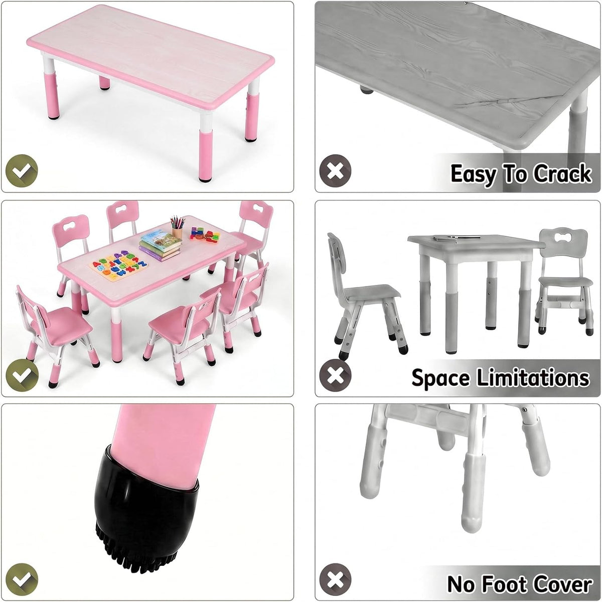 Arlopu Kids Table and 4 Chairs, Height Adjustable Toddler Desk & Chair Set, Anti-Slip Legs, Graffiti Desktop, Children Large Multi-Activity Table with 47.2" x 23.6", Classroom, Homes, Daycares (Pink)