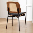 Rattan Dining Room Chairs Set of 4,Mid Century Black PU Leather Kitchen Chairs,Upholstered Seat Metal Legs Chair with Adjustable Foot Pads,Walnut Armless Side Chair