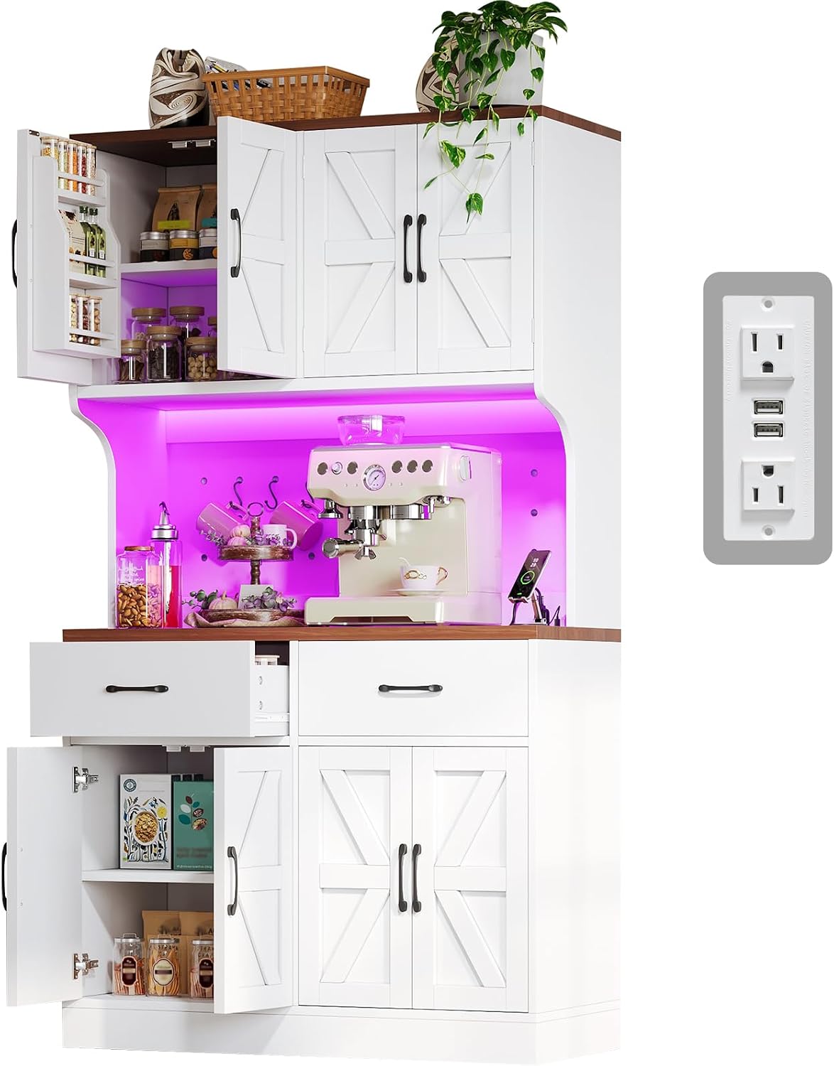 VK·LIVING 71" Kitchen Pantry Cabinet, Farmhouse Storage Cabinet with LED Lights & Charging Station, Coffee Bar Cabinet with Adjustable Shelves, 2 Drawers, Pegboard & Hooks, White