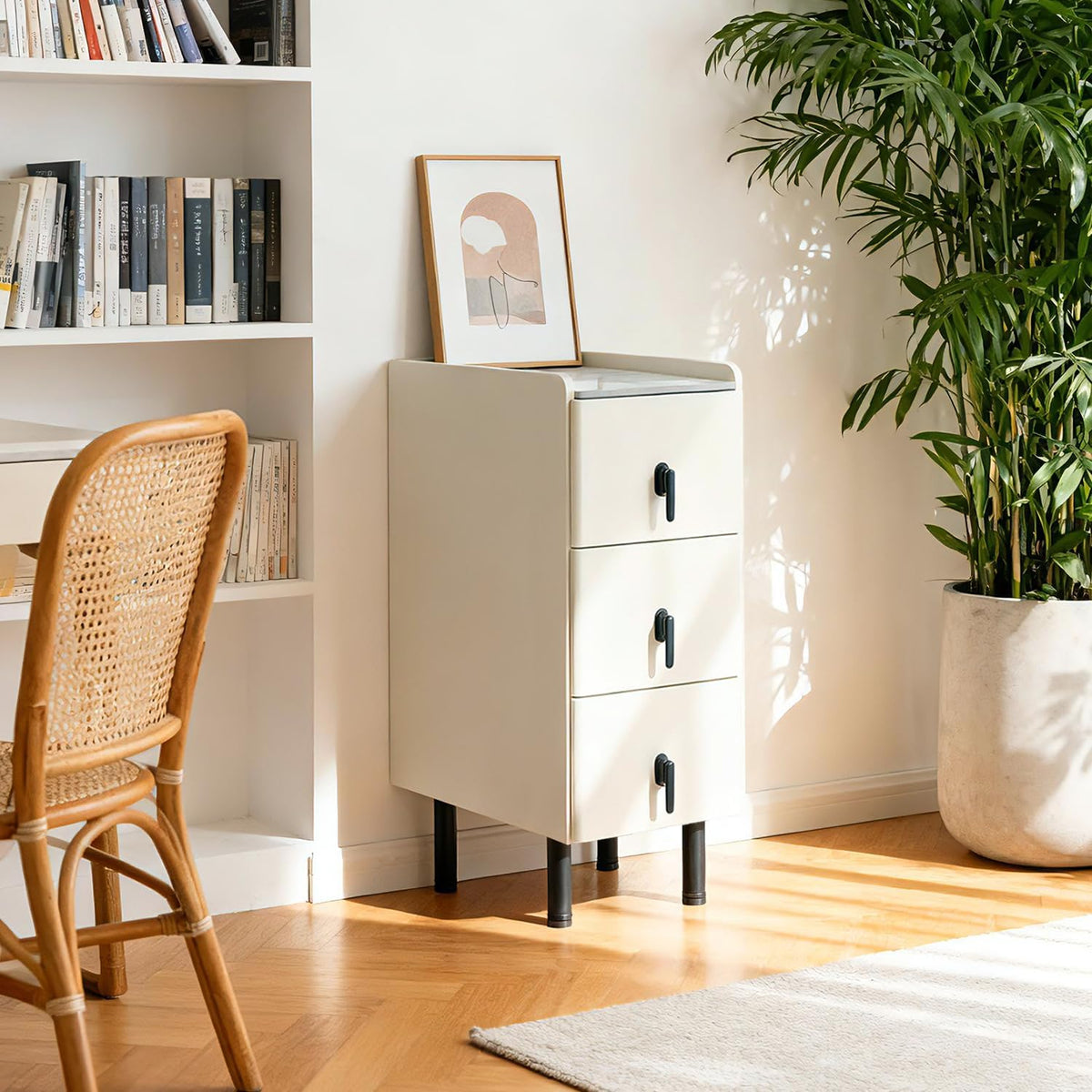 Homcosan Night Stand Small Size 9.84", Modern Minimalist Bedside Table with 3 Drawer, Easy Assembly, Narrow End Table for Small Space, Bedroom, Vanity, Dorm (Cream)