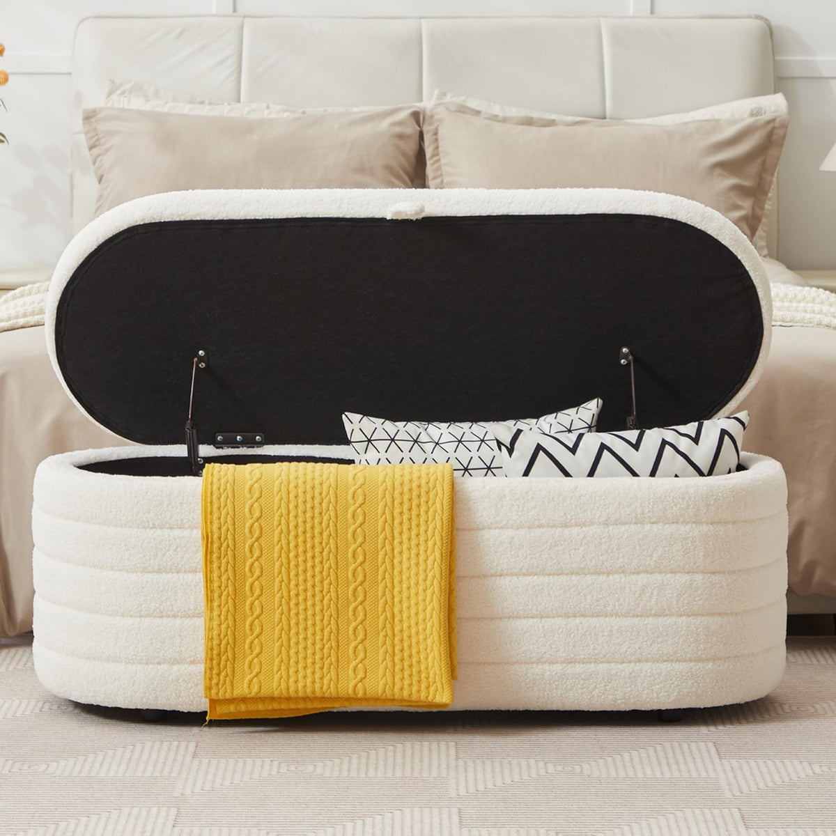 Storage Ottoman Bench End of Bed for Bedroom,45 inch Boucle Upholstered Entryway Shoe Seat Bench w/ Storage,Sherpa Modern Cute Padded Blanket Chest Stool Foot Rest for Living Room,Off-White