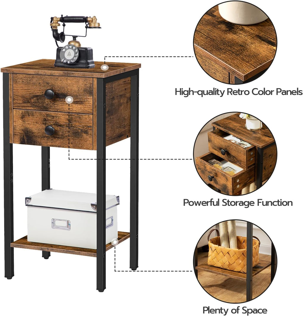 HOOBRO Tall Nightstand, End Table with 2 Drawers and Storage Shelf, Industrial Telephone Side Table for Study, Bedroom, Space Saving, Easy Assembly, Rustic Brown and Black BF72BZ01