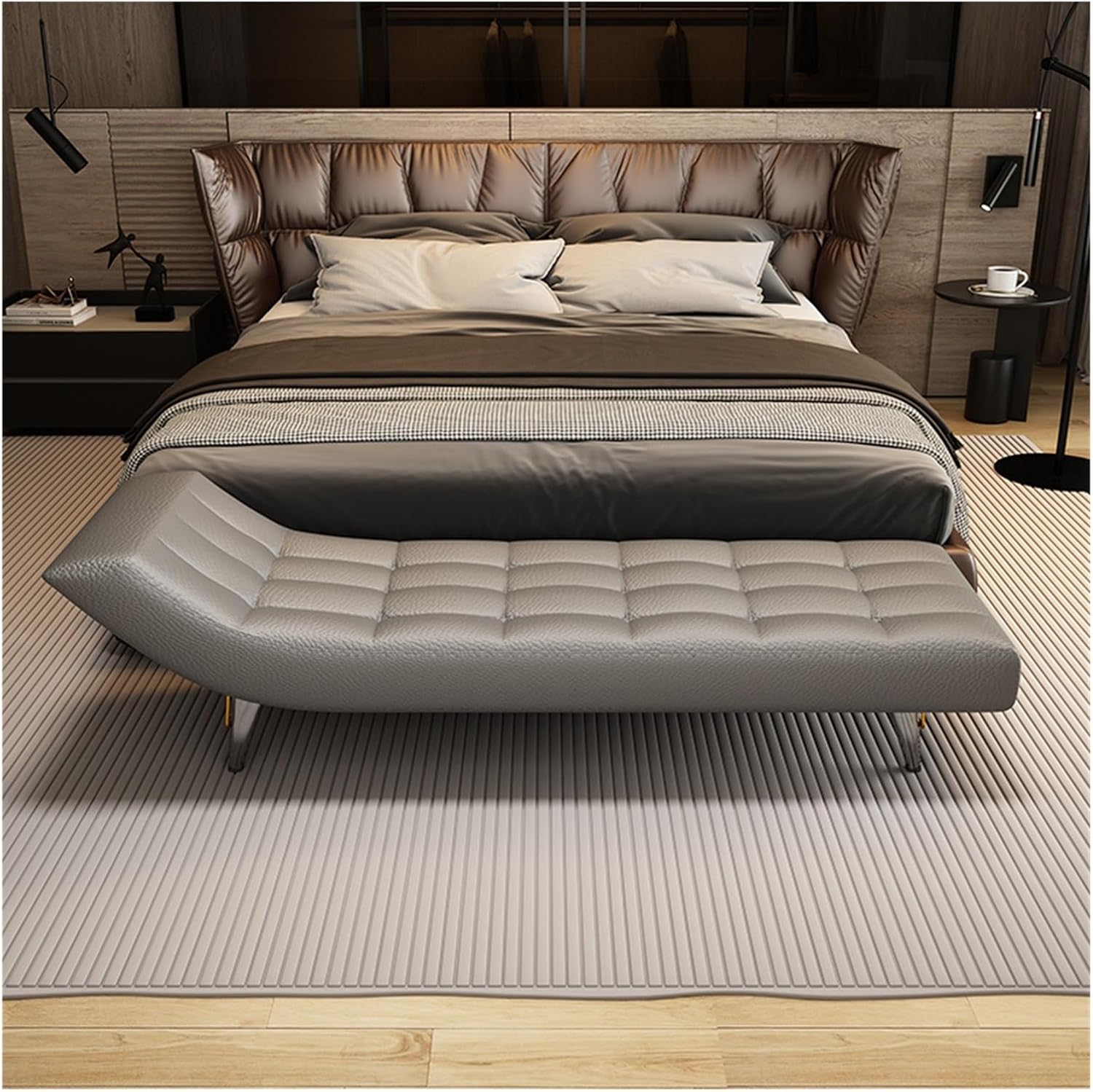 Modern End of Bed Bench, Upholstered Pu Leather Ottoman,Modern Tufted Long,Faux Fur Entryway with Metal Legs Entryway(Gris,1.8m)