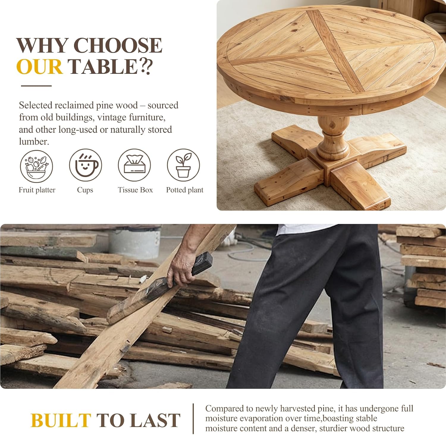 47" Round Dining Table with Wooden Pedestal Base, Reclaimed Pine Wood Dinner Table for 4, Heavy Duty Pedestal Table for Kitchen/Dining Room/Living Room/Restaurant, Natural