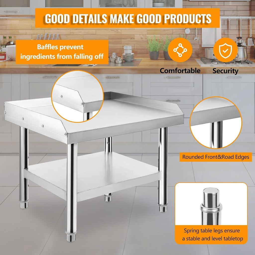 Stainless Steel 24x24x24 Inch Equipment Grill Stand Table, 660 Lbs Top & Bottom Shelf, Adjustable Legs, 2" Edge Baffle, for Hotel, Home, Commercial Restaurant Kitchen
