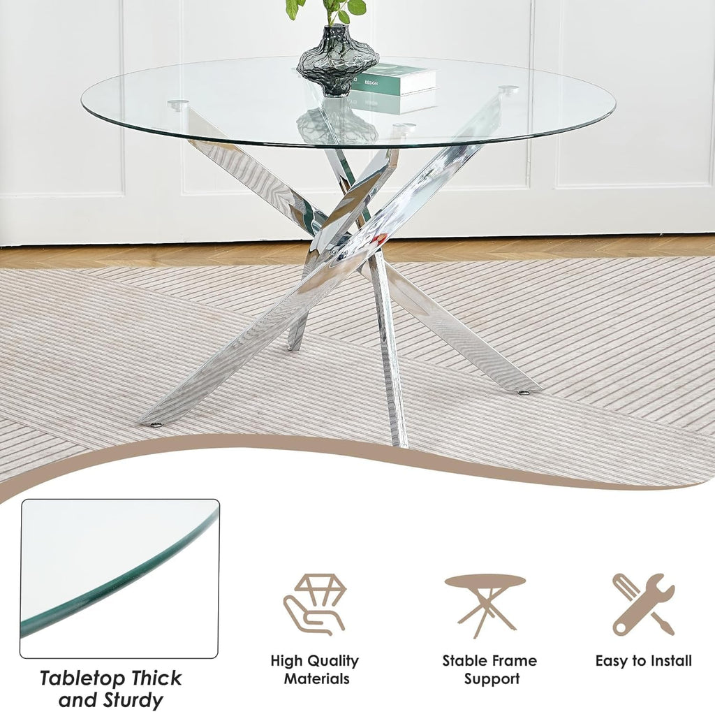 Modern Minimalism Circle Dining Table Set of 4, 36'' Round Tempered Glass Table Top with Silver Base & 4 Grey Silver Velvet Dining Chairs, 5-Piece Dining Room Table Set (Easy Assembly)