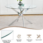 Modern Minimalism Circle Dining Table Set of 4, 36'' Round Tempered Glass Table Top with Silver Base & 4 Grey Silver Velvet Dining Chairs, 5-Piece Dining Room Table Set (Easy Assembly)