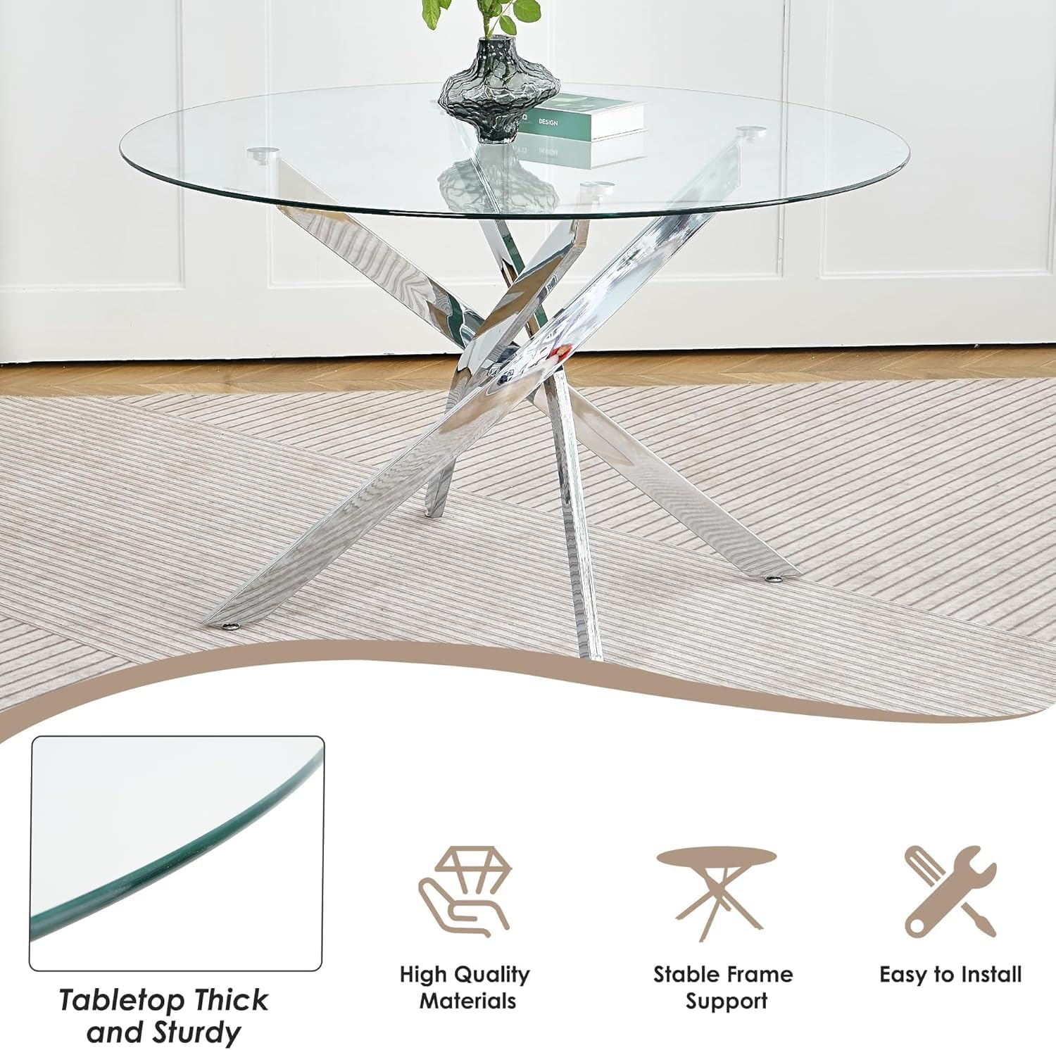 Modern Minimalism Circle Dining Table Set of 4, 36'' Round Tempered Glass Table Top with Silver Base & 4 Grey Silver Velvet Dining Chairs, 5-Piece Dining Room Table Set (Easy Assembly)