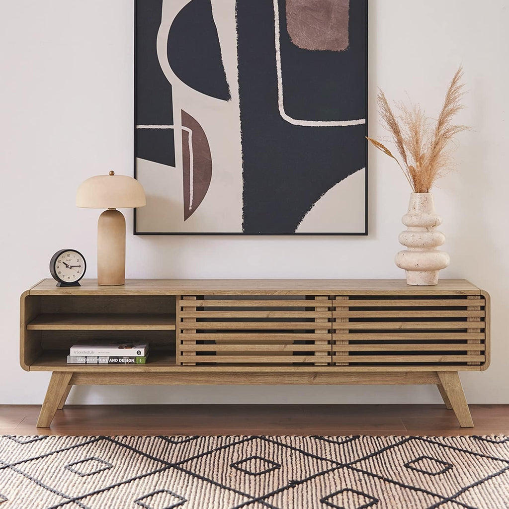 mopio Ensley 59" TV Stand with Slatted Door, Mid Century Modern Entertainment Center for 55/60/65 inch TV, Farmhouse Media Console with Storage, Adjustable Shelves, Round Edges, Living Room (Oak)
