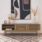 mopio Ensley 59" TV Stand with Slatted Door, Mid Century Modern Entertainment Center for 55/60/65 inch TV, Farmhouse Media Console with Storage, Adjustable Shelves, Round Edges, Living Room (Oak)