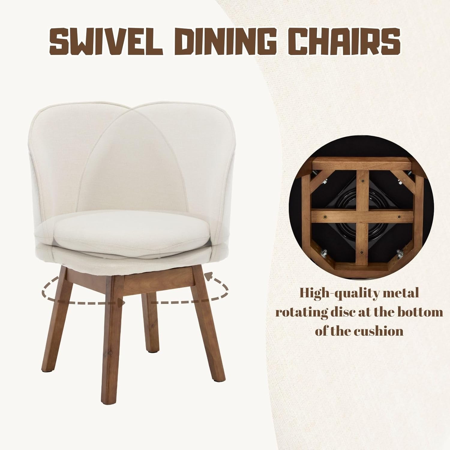 ROCITY Swivel Dining Chairs Set of 2, Beige Linen Kitchen Chairs with Solid Wood Legs, Mid Century Modern Upholstered Dining Room Chair Armless Accent Chair for Kitchen/Restaurant