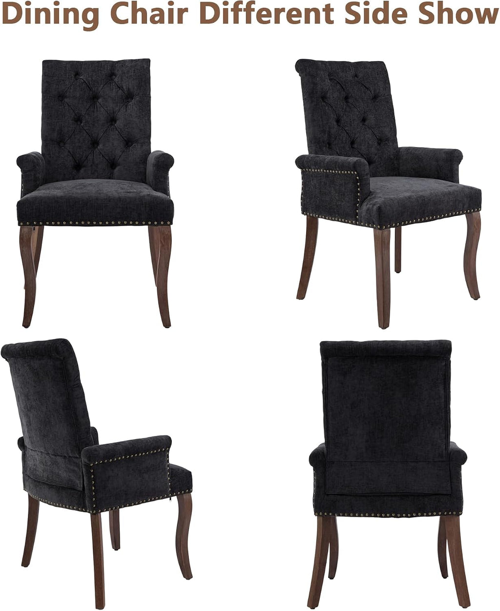 mikibama Chenille Upholstered Dining Chairs with High Back Set of 2,Vintage Tufted Kitchen Chairs with Rolled Arms,Farmhouse Fabric Accent Side Chair with Arms for Living Room (2, Black)