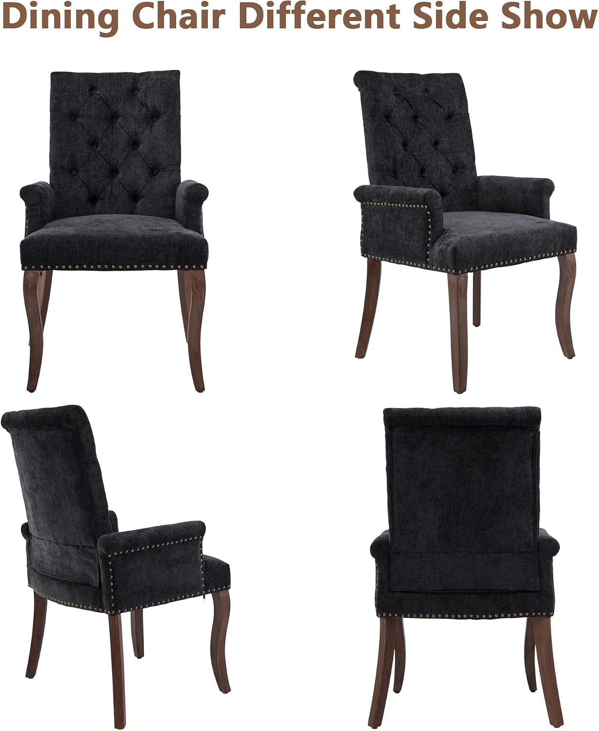mikibama Chenille Upholstered Dining Chairs with High Back Set of 2,Vintage Tufted Kitchen Chairs with Rolled Arms,Farmhouse Fabric Accent Side Chair with Arms for Living Room (2, Black)
