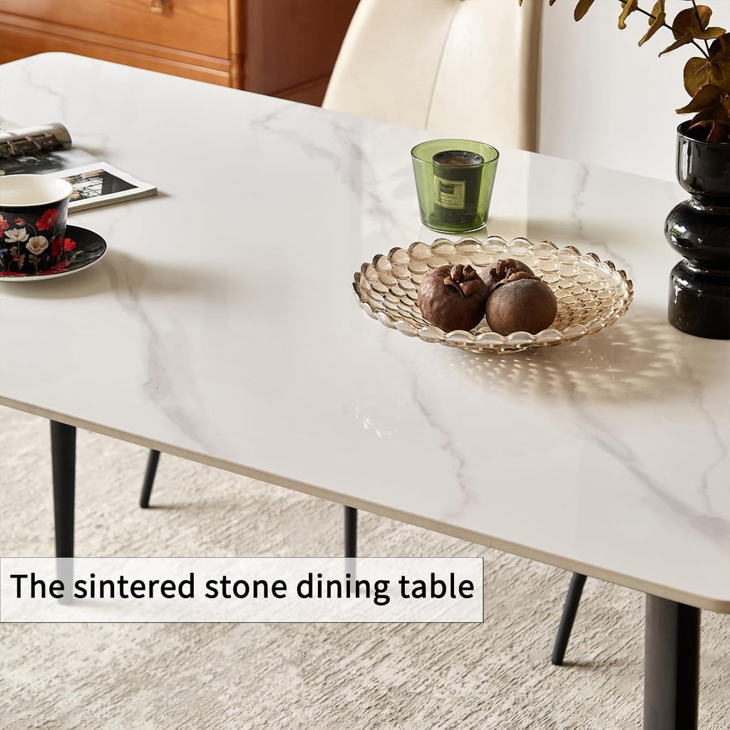 Sintered Stone Dining Table, Faux Marble Dining Table for 4-6 People, 55" Rectangular White Kitchen Table with Porcelain Table Top and Metal Legs for Living Room(1 Table Only)