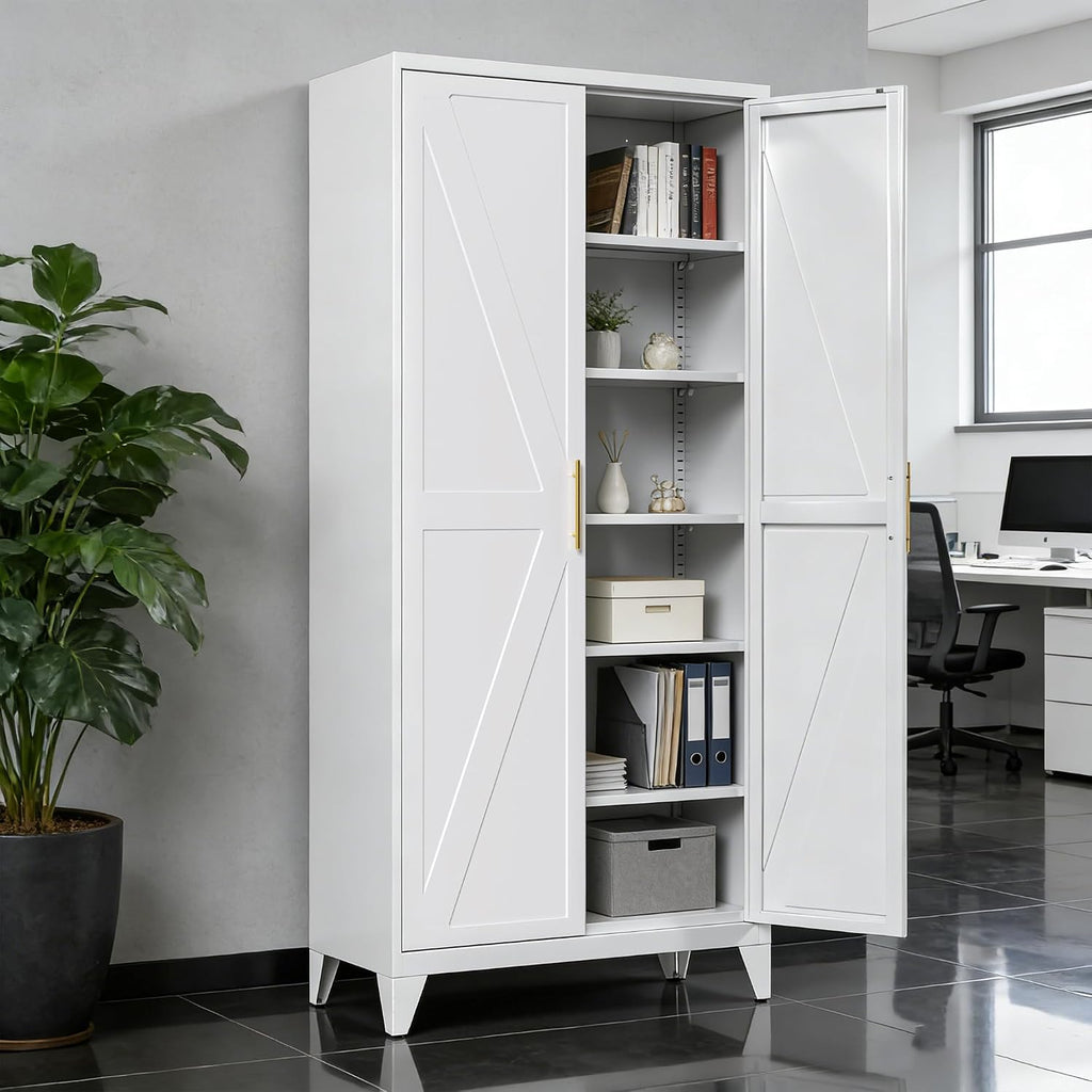 75" Tall Metal Pantry Cabinet, White Kitchen Storage Cupboard with 5 Adjustable Shelves, Heavy Duty Steel Food Organizer for Dining Room, Laundry Room, Living Room, Required Assembly