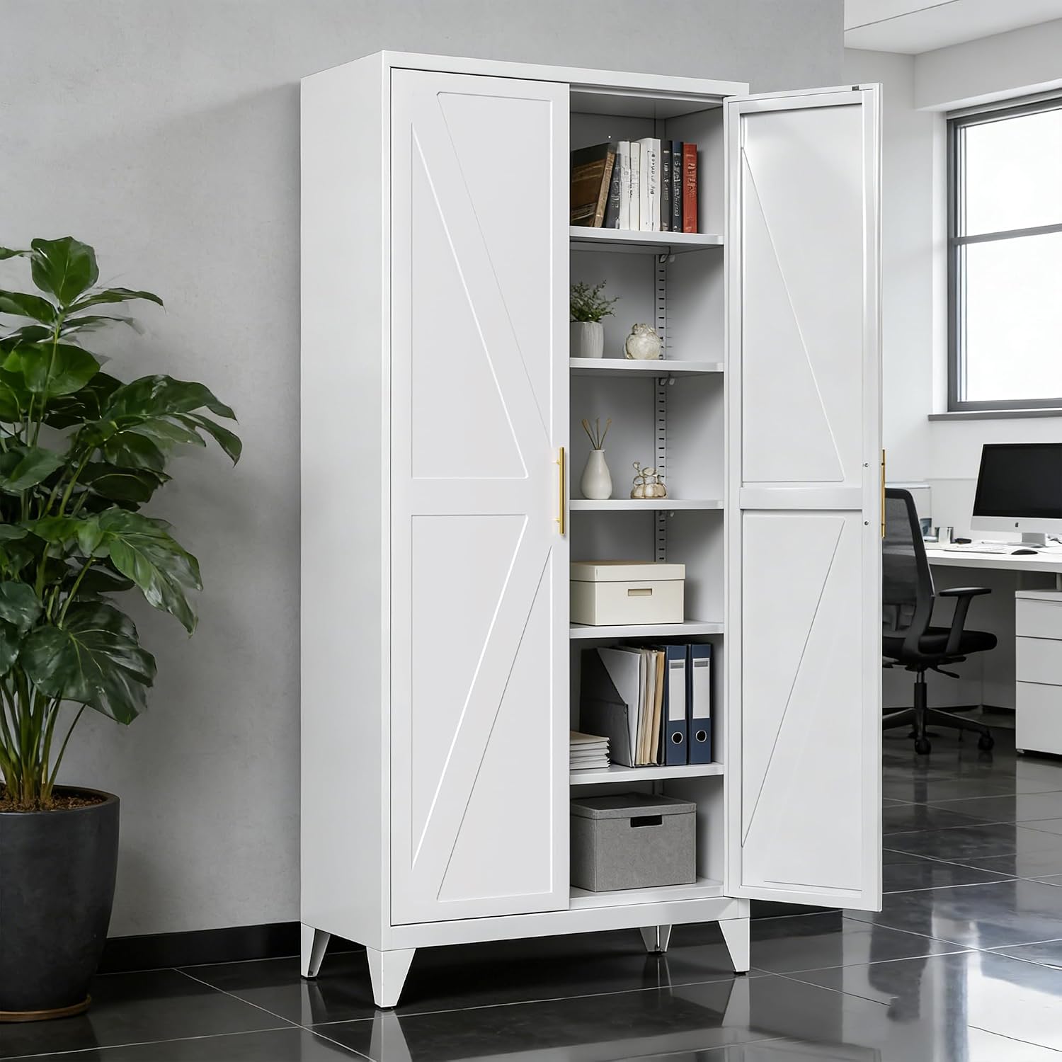 75" Tall Metal Pantry Cabinet, White Kitchen Storage Cupboard with 5 Adjustable Shelves, Heavy Duty Steel Food Organizer for Dining Room, Laundry Room, Living Room, Required Assembly