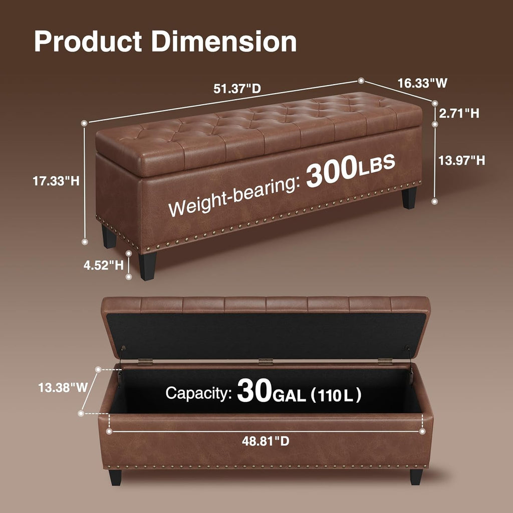 FiveWillowise 51 Inch Storage Ottoman Bench,Large End of Bed Storage Bench | Faux Leather Ottoman with Storage,30 Gallons,Upholstered,with Nailhead Trim,Legs,for Bedroom,Living Room,Entryway,Brown