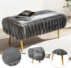 End of Bed Bedroom Storage Bench Upholstered, Hand-Woven Storage Ottoman Bench for Bedroom with Hinged Lid Golden Legs, for Living Room, Entryway Grey
