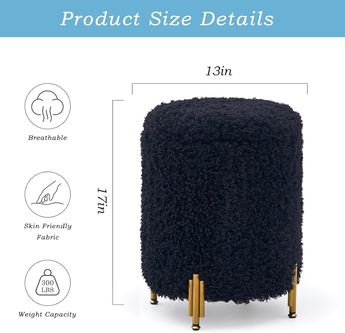 Round Storage Ottoman,Modern Foot Stool with Metal Legs,Vanity Stool with Soft Padded Seat,Side Table or Plant Stand for Hallway,Living Room (Black-Long Wool)