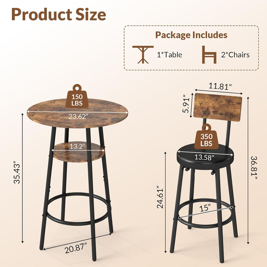 Zevemomo 3 Pieces Round Bar Table Set, Small Dining Table for 2, Modern Kitchen Bar Table, Breakfast Table with Storage, 2 Thickened Cushion Stools with Backrest for Dining Room, Bistro-Brown