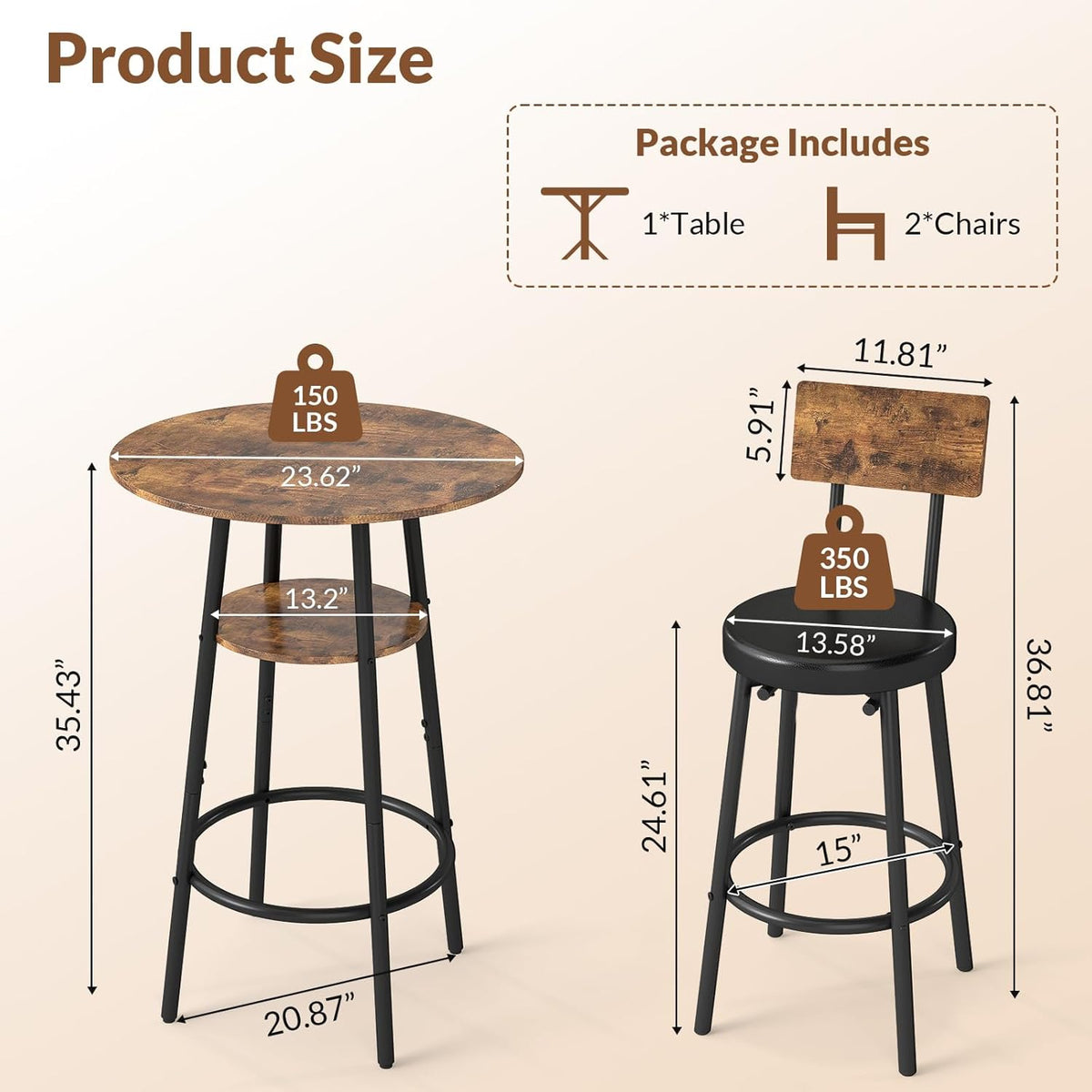 Zevemomo 3 Pieces Round Bar Table Set, Small Dining Table for 2, Modern Kitchen Bar Table, Breakfast Table with Storage, 2 Thickened Cushion Stools with Backrest for Dining Room, Bistro-Brown