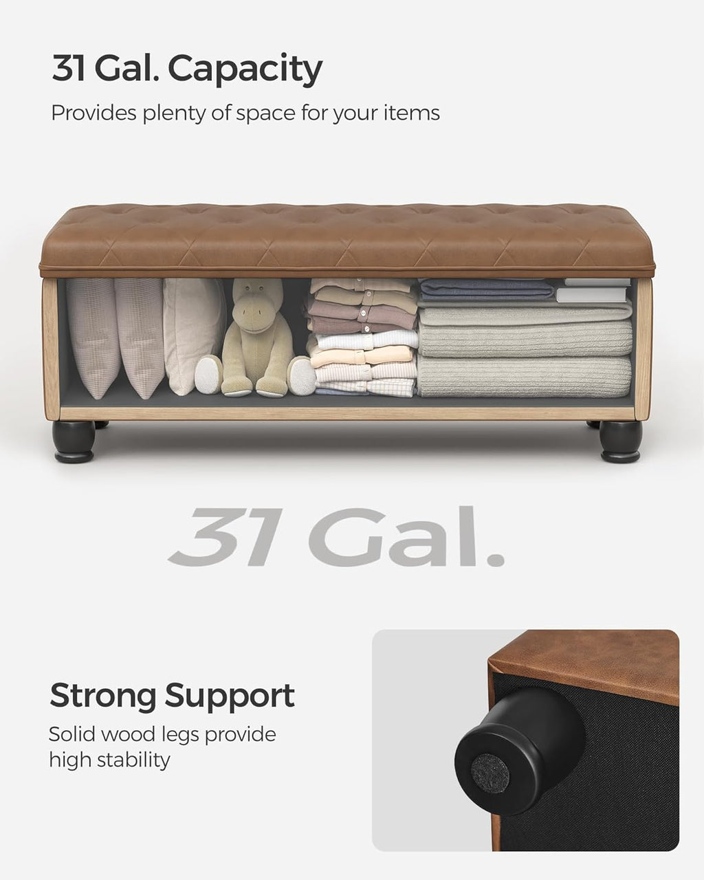 SONGMICS Storage Ottoman, 46.5 Inches Long Bed End Stool, Solid Wood Legs | Buttons Decoration, Non-Slip Foot Pads, 330.7 lb Load Capacity, Coffee Brown, MACEO Collection ULOM071K01