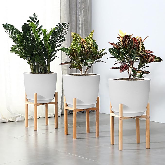 WOUSIWER Plant Pots 10/9/8 inch, Set of 3 Modern Decorative Plastic Planters with Drainage Holes and Saucers for House Plants Indoor Flowers Plants, White