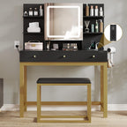 YITAHOME Vanity Desk with Mirror and Lights | Makeup Vanity Table Set with 3 Storage Drawers, Power Outlet, Chair and 6 Open Shelves, Black