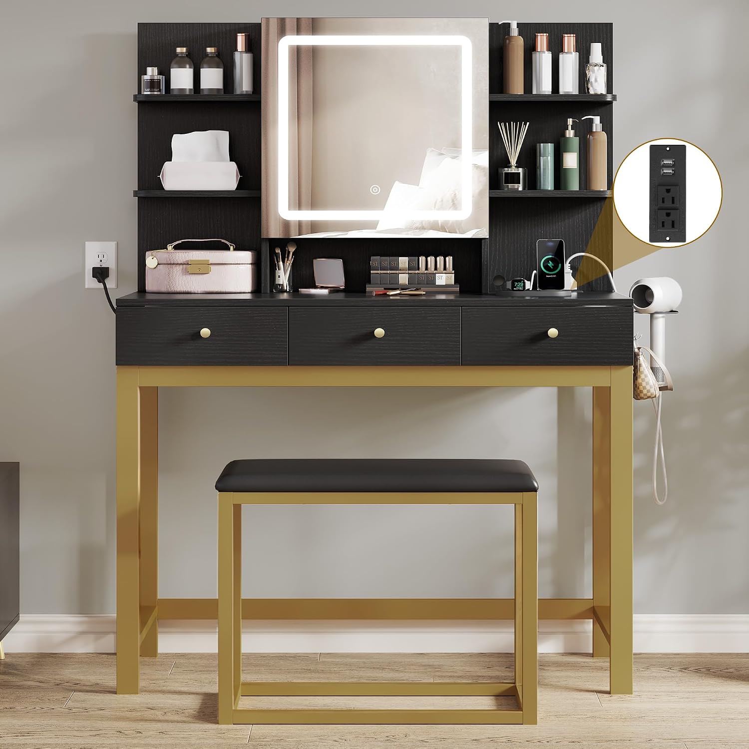 YITAHOME Vanity Desk with Mirror and Lights | Makeup Vanity Table Set with 3 Storage Drawers, Power Outlet, Chair and 6 Open Shelves, Black