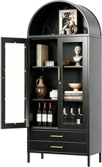 73" Tall Display Cabinet with Glass Doors and 2 Drawers, Metal Arched Cabinet with 2 Adjustable Shelves & Lock, Freestanding Curio Storage Cabinet for Home, Assembly Required, Black