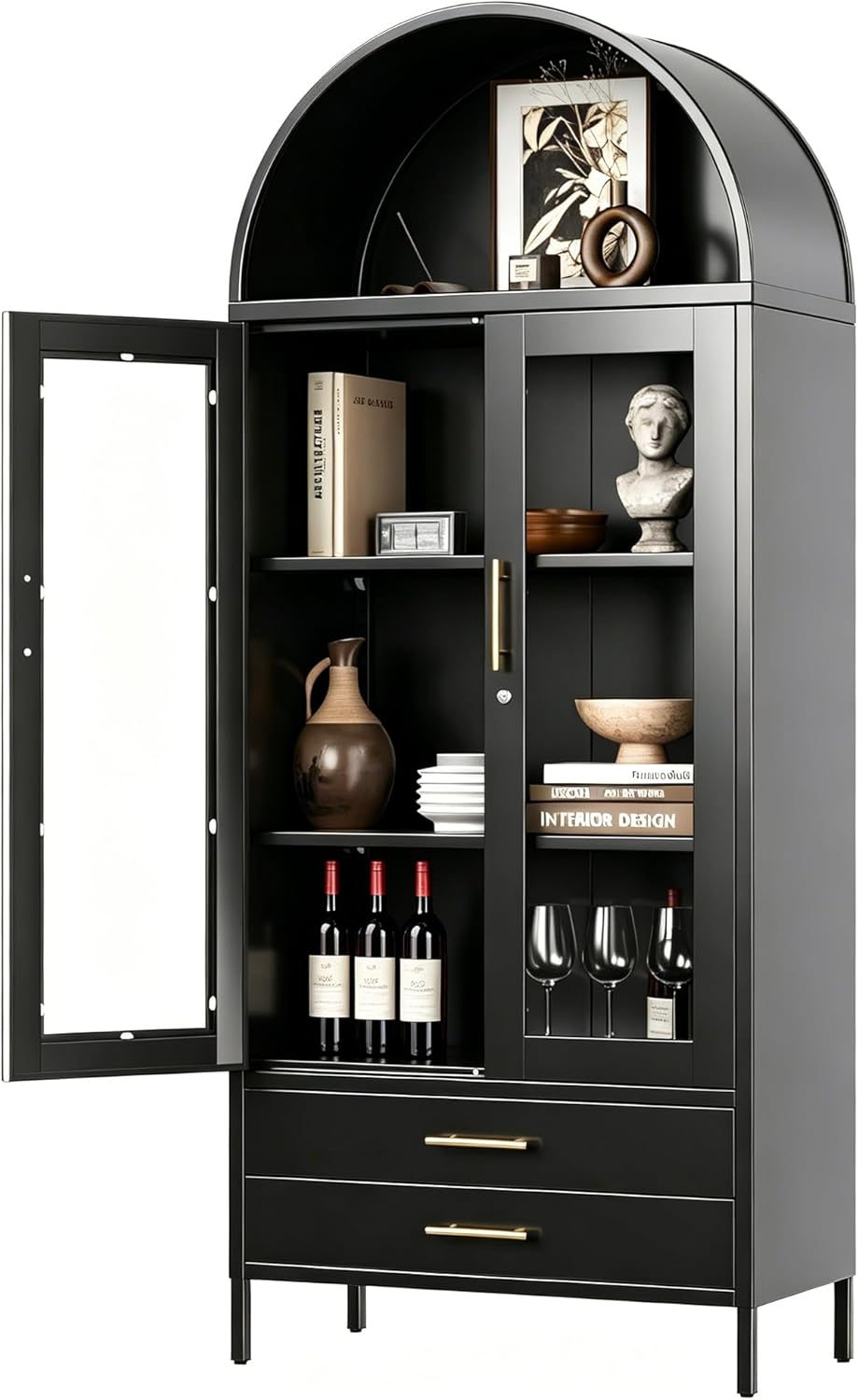 73" Tall Display Cabinet with Glass Doors and 2 Drawers, Metal Arched Cabinet with 2 Adjustable Shelves & Lock, Freestanding Curio Storage Cabinet for Home, Assembly Required, Black
