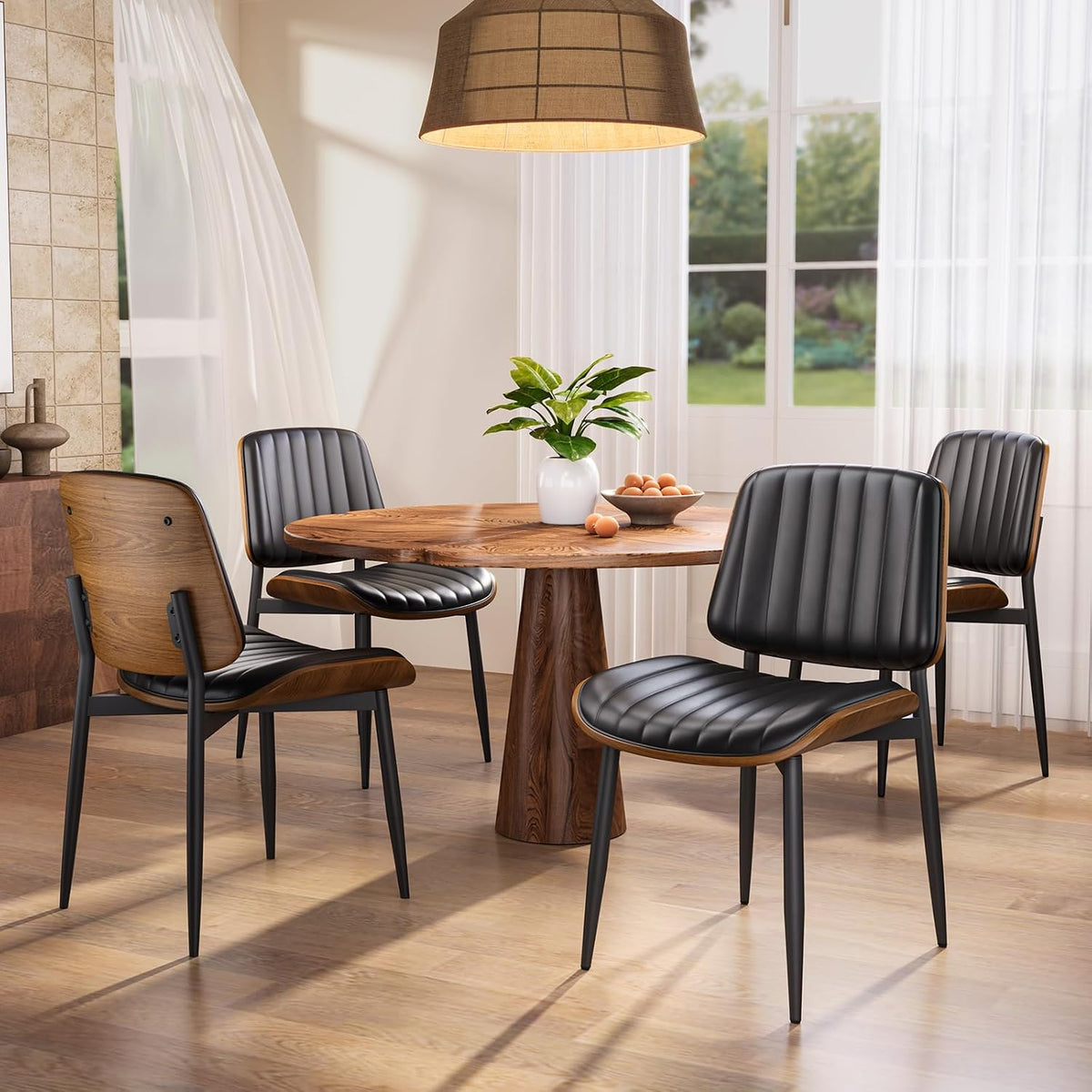 YaFiti Dining Chairs Set of 2, Mid Century Modern PU Leather Kitchen Chairs | Ergonomic Walnut Backrest, Upholstered Waterproof Faux Leather Seat, Stable Metal Legs, Adjustable Footpads, Black Pinstripe