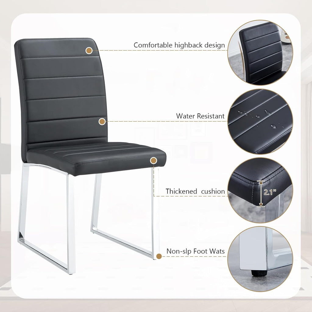 Modern Leather Dining Chairs, Set of 6 | Upholstered Padded Seats with Sturdy Metal Legs, Armless Kitchen & Dining Room Furniture for Home (Black, Set of 6)
