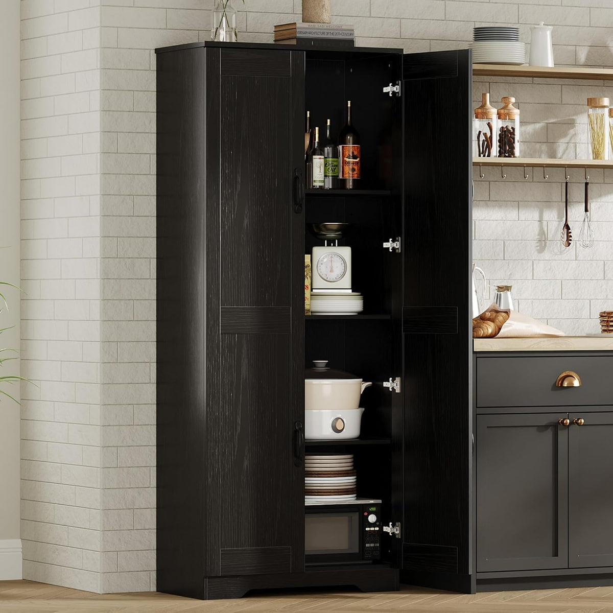 GarveeHome Tall Kitchen Pantry Cabinet, 60 in Storage Cabinet with 2 Doors and Adjustable Shelves, Freestanding Large Utility Storage Cupboard for Dining Room, Bathroom, Living Room, Black