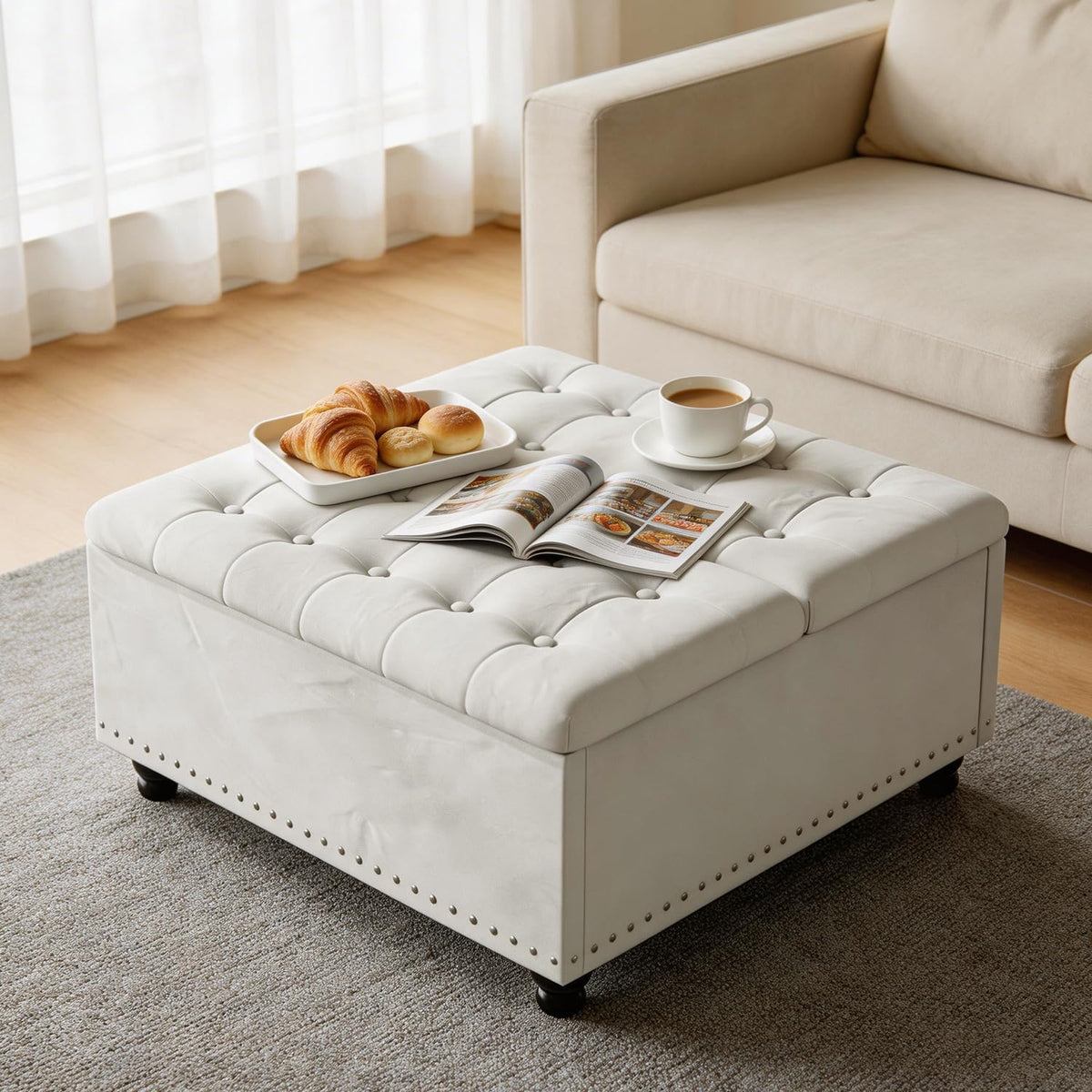 FUXA 35" Large Square Ottoman with Storage and Lift Top, Wood Legs, Beige | Oversized Coffee Table, Tufted Upholstered Bench, Sturdy Construction, for Living Room