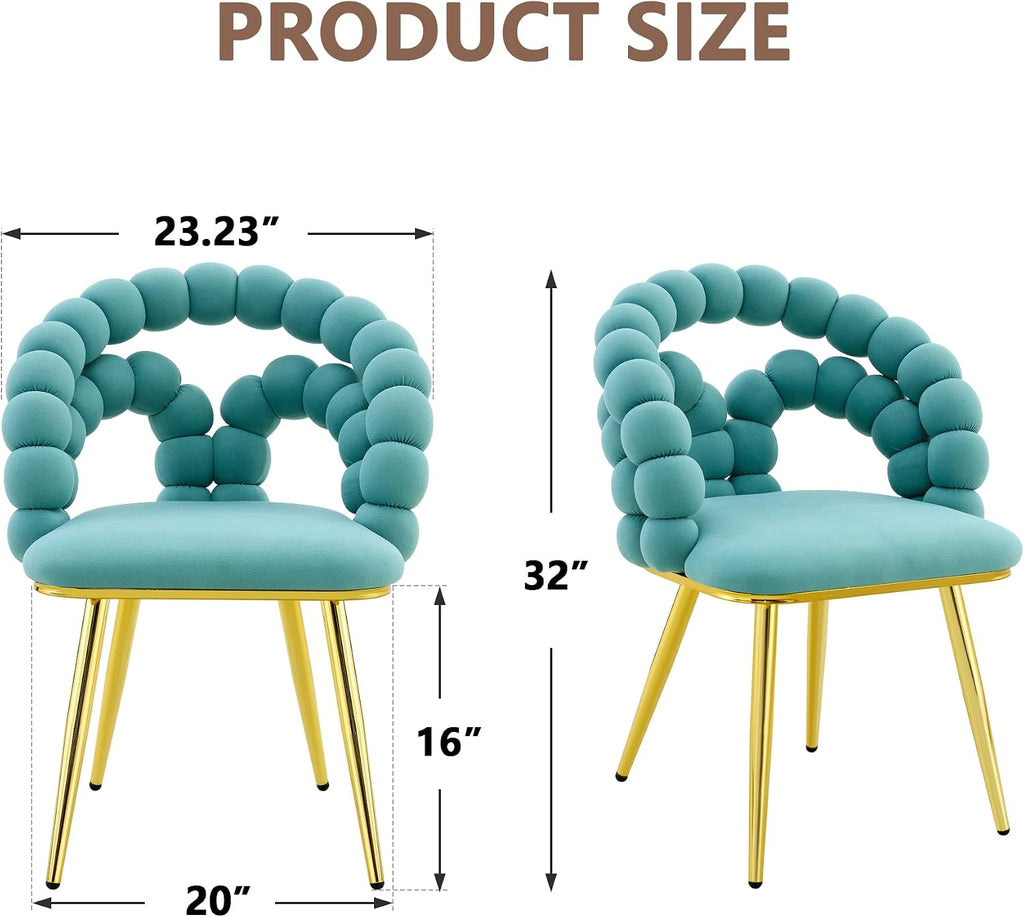 Puffy Bubble Ball Chain Chairs Set of 2, Modern Velvet Dining Chairs with Gold Legs, Contemporary Luxury Kitchen Chairs, Handcrafted Backrest, Lumbar Support, Suitable for Kitchen, Dining Room, Teal