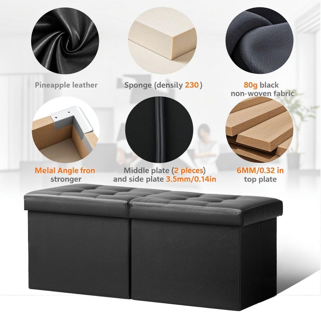 AmasSmile Footrest Ottoman Storage Bench,34" Leather Folding Chest,Black | Large Ottoman with Storage,Thicker Foam Padded Seat,Livingroom,Dorm,Bedroom,Entryway,Easy to install,34 x 13 x 13in