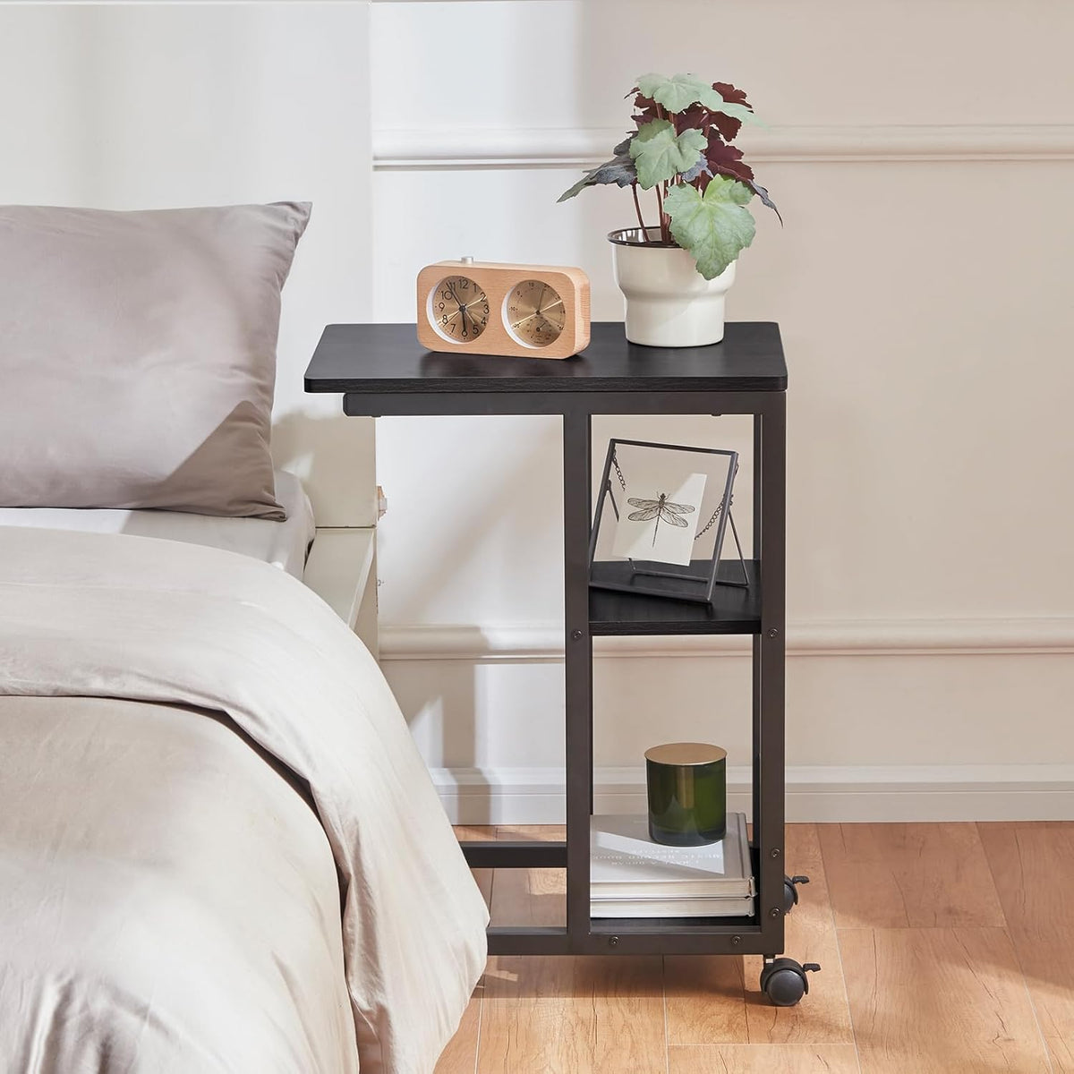 Farini C Shaped Sofa Side End Table, Mobile Snack Table with Brake Wheels Couch Bedside Table with 3-Layer storages,Black Oak
