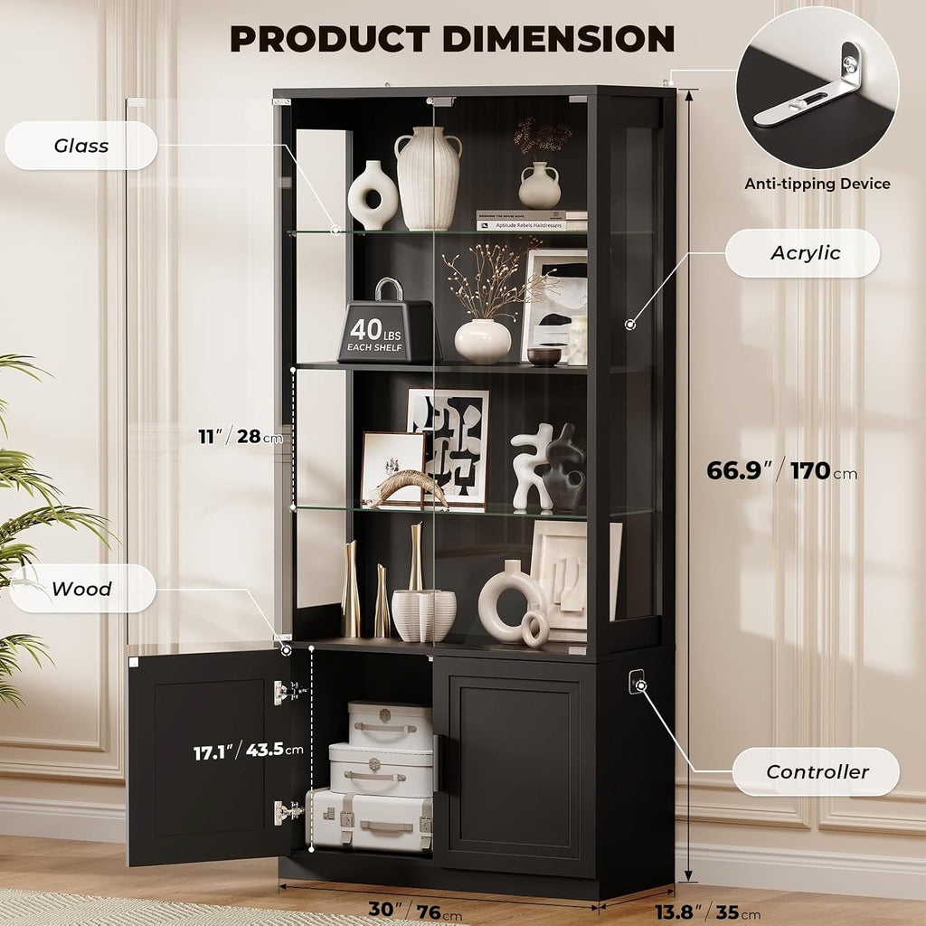BROTTAR 67" Display Cabinet with Glass Doors, 4-Tier Curio Cabinet, Black