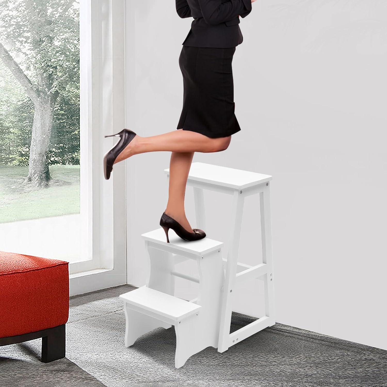 Solid Wood Folding Library Ladder Chair, Lightweight Portable Multifunctional Step Stool, 3-Step Stool Stepladders, Display Stand and Flower Stand for Kitchens, Garages (White)