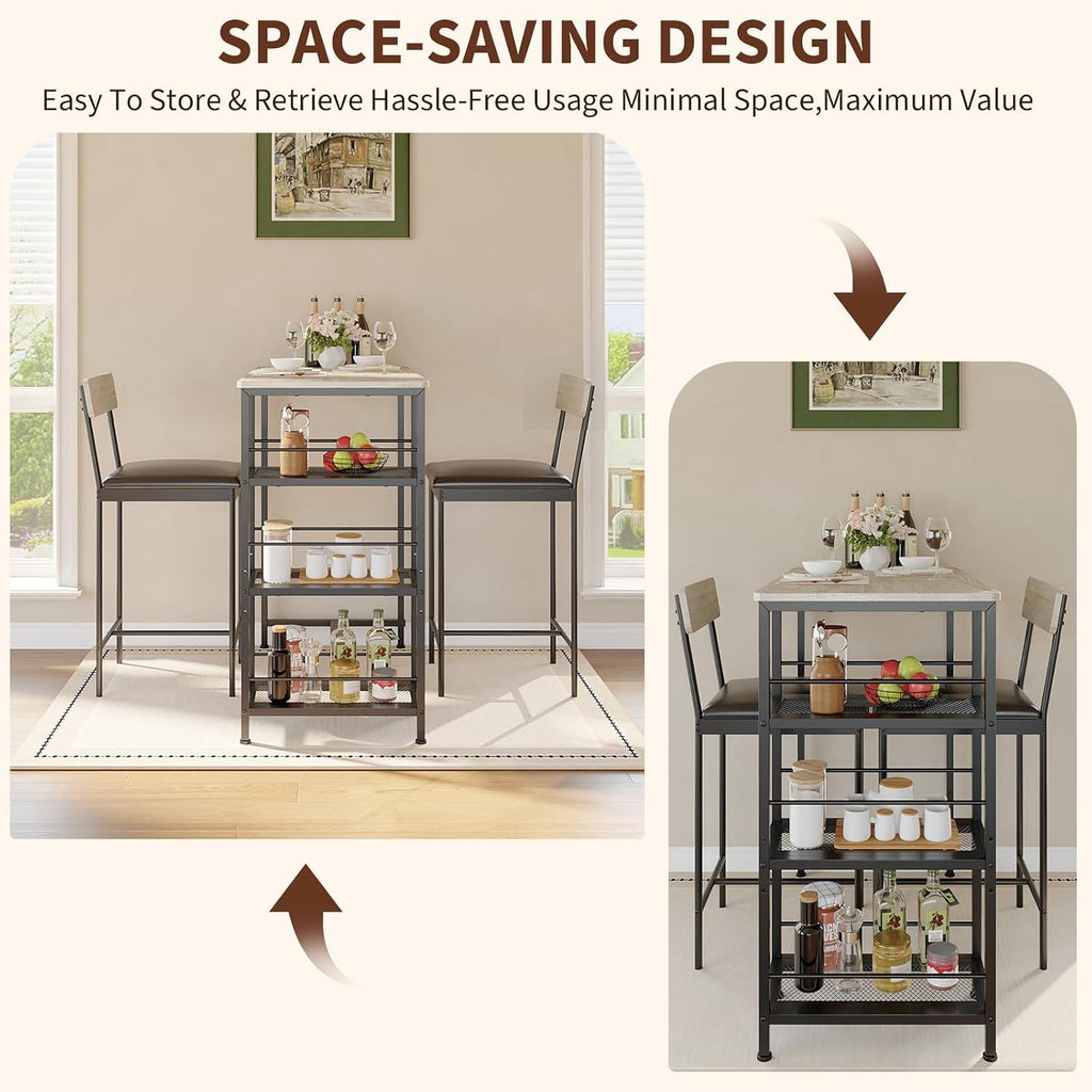 3-Piece Dining Table Set with Storage Shelves and 2 Upholstered Chairs, MDF & Iron Frame Small Kitchen Table for Apartment, Studio