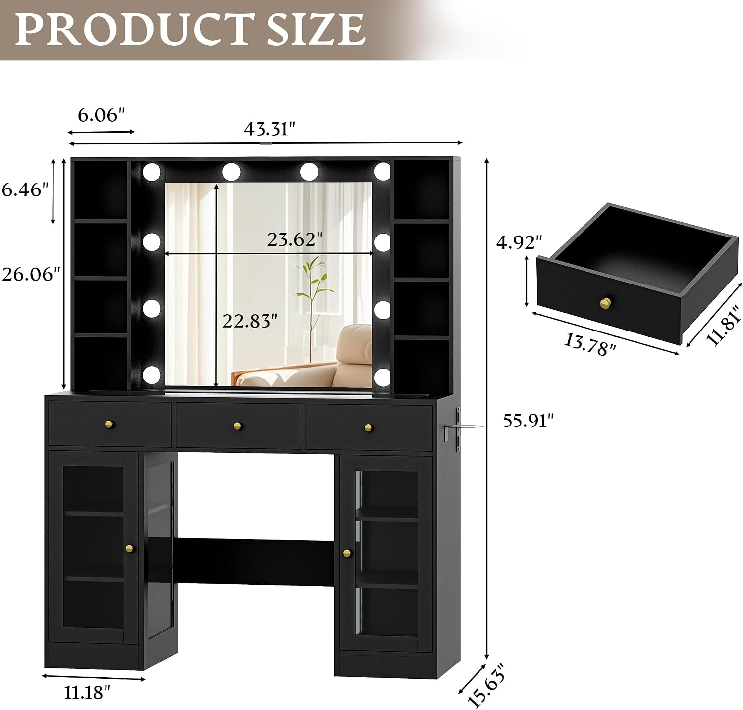 Wodeer Makeup Vanity Desk with Mirror and Lights, Black Vanity with Glass Top, LED Lights & Power Outlet, 3 Drawers & 2 RGB Glass Cabinets, Adjustable Lighted Dressing Table for Women & Girls Bedroom