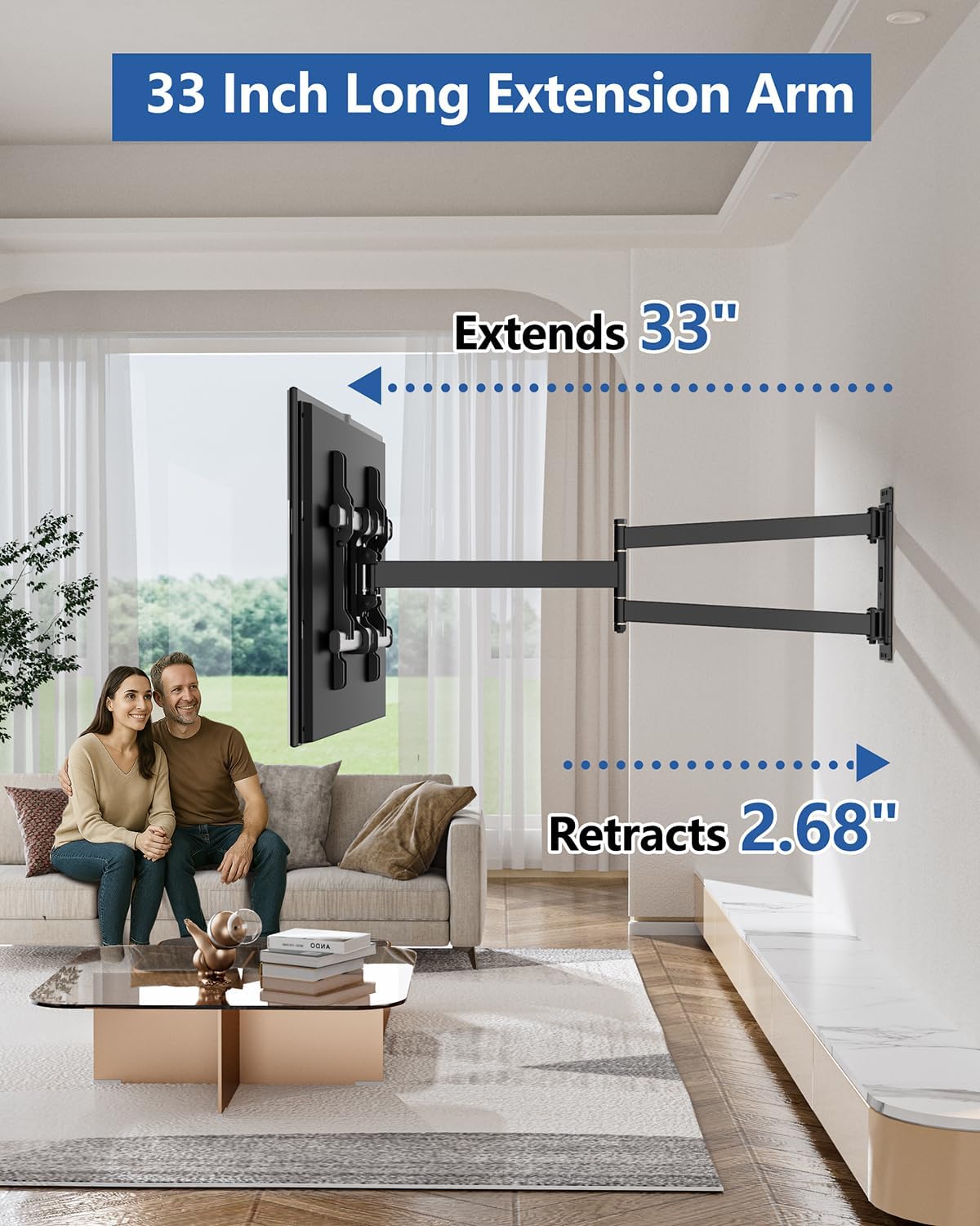 FORGING MOUNT Corner TV Wall Mount Long Arm TV Mount for 32-75 inch TVs | Single Stud Full Motion Articulating TV Bracket with 33” Extension, Swivel Tilt, Max VESA 600x400mm, Holds up to 100 lbs