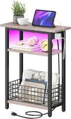 HOOBRO Narrow Side Table with Charging Station and LED Light, Small End Table with Storage, Skinny Nightstand with USB Port, Slim Bedside Table for Small Spaces, Living Room, Greige BG242UDBZ01
