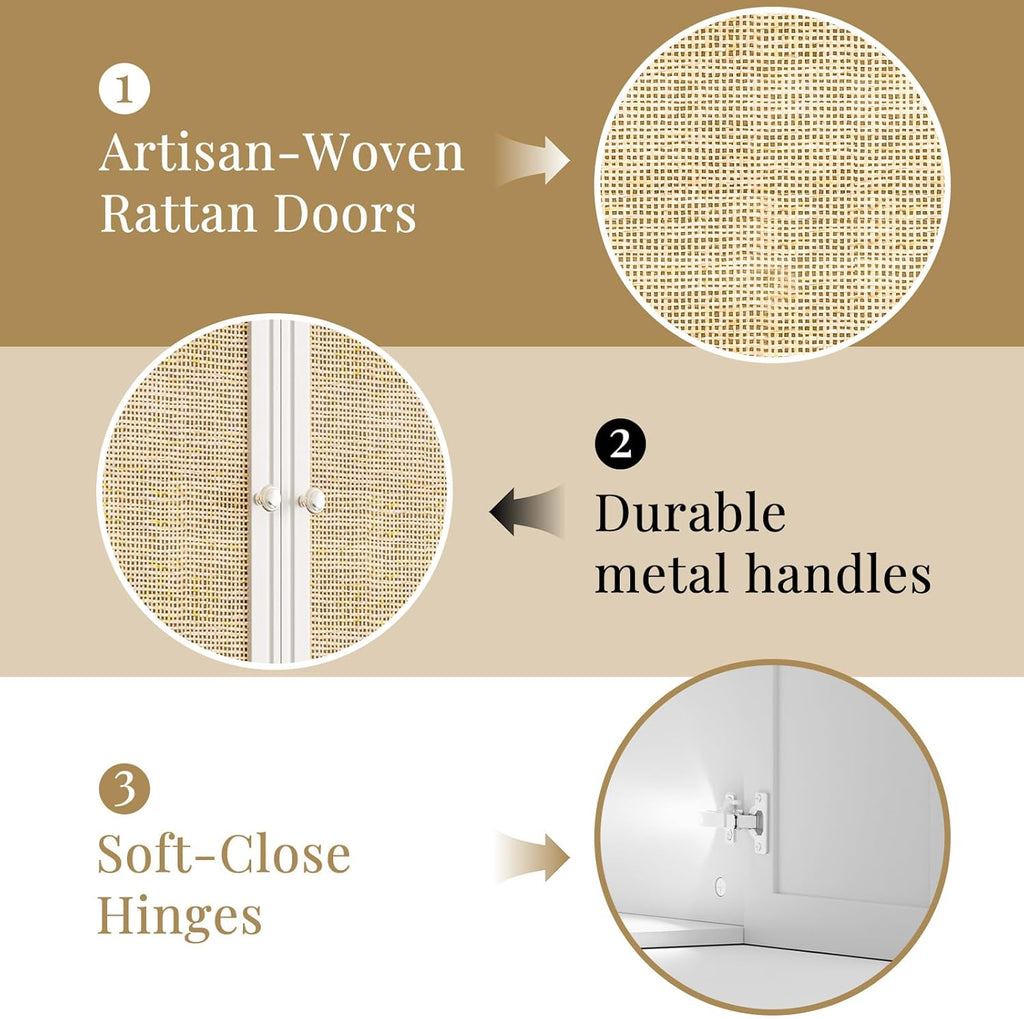 Laundry Room Cabinets with Lights, 24INCH Bathroom Cabinets Wall Mounted with Adjustable Shelves, Rattan Wall Cabinet for Bedroom, Kitchen, Bathroom (2PCS, White)