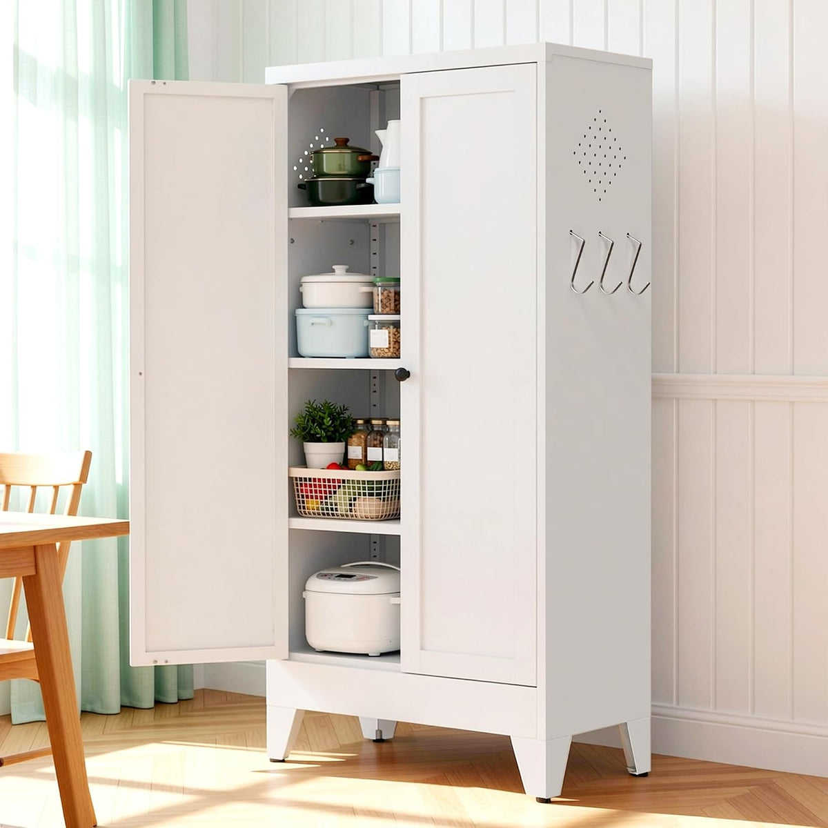 47.3 Inch White Metal Pantry Cabinet Freestanding Storage Organizer with 3 Adjustable Shelves 110lb Per Shelf Heavy Duty Cabinet for Living Room